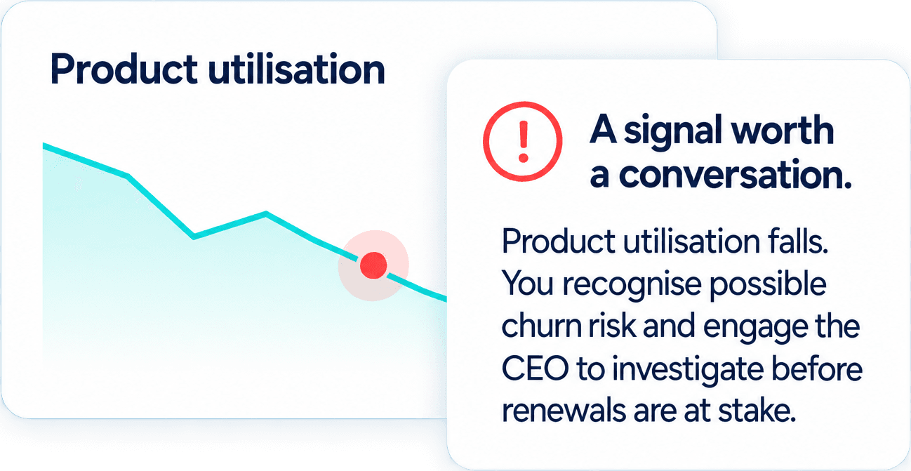 A fall in product utilisation flagged as a signal worth a conversation with the CEO before renewals are at stake